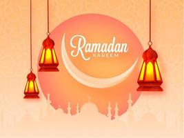 Ramadan Kareem Celebration Concept with Crescent Moon, Silhouette Mosque and hanging Illuminated Lanterns on Light Orange Arabic Pattern Background. vector