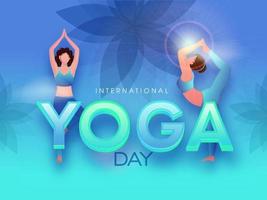 Cartoon Young Women Doing Yoga Asanas on Gradient Blue Flowers Background for International Yoga Day Concept. vector