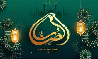 Sticker Style Arabic Calligraphy of Ramadan Kareem Text with Hanging Illuminated Lanterns and Mandala Pattern on Green Mosque Background. vector