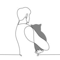 man stands with his back to the viewer holding a fat gray cat in his hands - one line drawing vector. concept cat lover cuddles with a pet vector