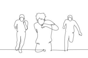 group of men running towards the viewer - one line drawing vector. concept marathon, competition vector