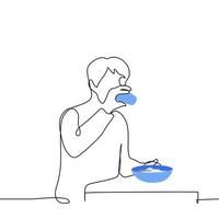 man drinking while sitting at a table with a bowl of porridge - one line drawing vector. concept breakfast, morning porridge vector