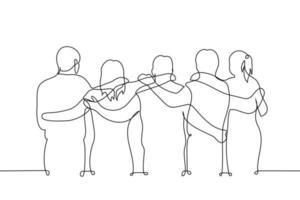 group of people hugging - one line drawing vector. concept friends guys and girls stand in a row hugging a wall vector