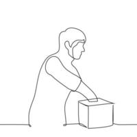 man put his hand into square cube or box - one line drawing vector. concept game or rummaging through things vector