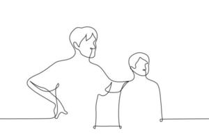 man put his hand on the child's back, they both look in the same direction - one line drawing vector. concept adult support, father-child relationship vector