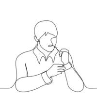 man fastening a button on his shirt cuff - one line drawing vector. concept formal dress code vector