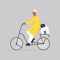sin rostro musulmán joven chico montando bicicleta con un dibujos animados oveja en gris antecedentes. vector