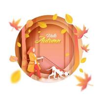 Hello Autumn Font With Faceless Woman Holding Dog Leash in Walking Pose And Leaves Decorated Paper Circle Layer Cut Background. vector