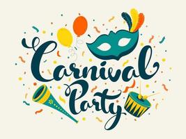 carnaval fiesta fuente con mascarilla, globos, música instrumentos y papel picado decorado en blanco antecedentes. vector