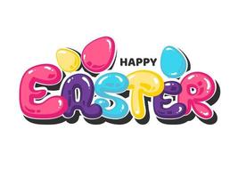 Sticker Style Colorful Happy Easter Text with Eggs on White Background. vector