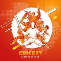 Paper Cut Style Cricket Player Team in Different Poses on Gradient Orange Halftone Background. vector