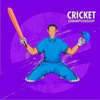 Cricket Championship Poster Design with Noise Effect Faceless Batsman Character in Winning Pose on Purple Halftone Background. vector