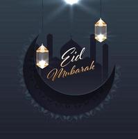 Islamic festival Eid Mubarak celebration concept with hanging illuminated lanterns, crescent moon and mosque on grey background. vector