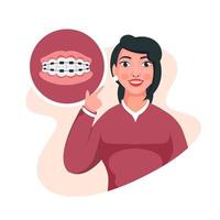 Illustration of Young Girl Showing Her Braces at Teeth on White Background. vector