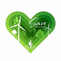 Paper Layer Cut Green Heart Background with Eco City View for Save Environment Concept. vector