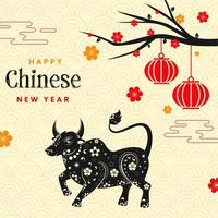 Happy Chinese New Year Poster Design with Zodiac Ox Symbol, Hanging Lanterns and Flowers Branch on Semi Circle Pattern Background. vector