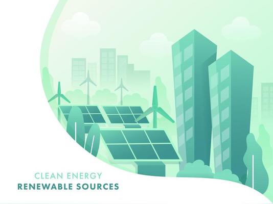 Clean Energy Renewable Sources Concept Based Poster Design with Solar Panels and Skyscraper Buildings.
