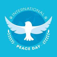 International Peace Day Text with Flying Dove and Leaf Branches on Blue Earth Globe Background. vector