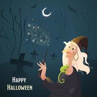 Old Witch Holding Magic Stick with Chameleon, Flying Bats and Crescent Moon on Teal Blue Graveyard Background for Happy Halloween Celebration. vector