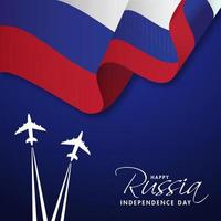 Happy Russia Independence Day Concept with Wavy Russian Flag and Flying Airplanes on Blue Background. vector