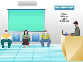 personas vistiendo protector máscara sentar en silla con mantener social distanciamiento en frente de recepción área. evitar coronavirus. vector