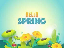 Beautiful Flowers with Leaves, Mushroom and Butterflies Decorated on Sunny Background for Hello Spring Celebration. vector