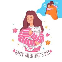 joven niña imagina novio con abrazando su gato en el ocasión de San Valentín día. vector
