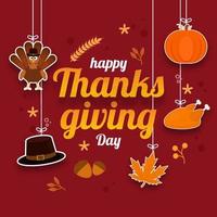 Happy Thanksgiving Day Font with Paper Cut Pumpkin, Chicken, Maple Leaf, Turkey Bird and Pilgrim Hat Hang on Red Background. vector