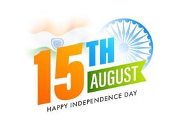 15th August Text with Ashoka Wheel and Indian Wavy Flag on White Background for Happy Independence Day. vector