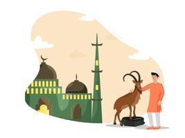 musulmán joven chico participación un marrón cabra con verde mezquita en aterciopelado amarillo y blanco antecedentes para islámico festival celebracion. vector