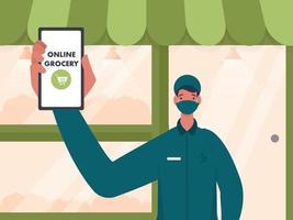 dibujos animados hombre vestir médico máscara con demostración en línea tienda de comestibles aplicación en teléfono inteligente en frente de tienda ilustración. vector
