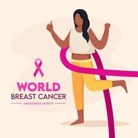 Faceless Young Woman Showing Thumbs Up with Pink Ribbon on Beige Background for World Breast Cancer Awareness Month. vector