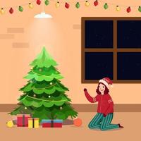 Decorative Xmas Tree With Cheerful Girl Character And Gift Boxes On Interior View Background. vector