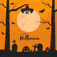 Happy Halloween Text with Jack-O-Lanterns, Tombstones, Flying Bats and Bare Trees on Full Moon Orange Background. vector