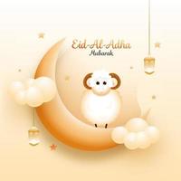 Glossy Crescent Moon with Cartoon Sheep, Stars, Clouds and Hanging Illuminated Lanterns on Peach Yellow Background for Eid-Al-Adha Mubarak. vector