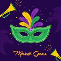 mardi gras fuente con vistoso fiesta máscara y altoparlante en púrpura antecedentes. vector