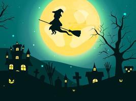 Full Moon Teal Green Background with Witch Flying at Broom, Skeleton Hands, Graveyard, Bare Trees, Jack-O-Lanterns and Haunted Houses. vector