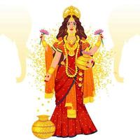 hermosa diosa lakshmi maa escultura con silueta elefante cara y amarillo ruido grunge efecto en blanco antecedentes. vector