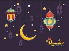 plano estilo colgando creciente Luna con linternas y estrellas decorado en púrpura antecedentes para Ramadán kareem celebracion concepto. vector