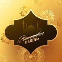 Ramadan Kareem Font with Silhouette Mosque in Brown Vintage Frame on Golden Mandala Pattern Background. vector