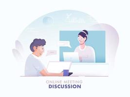 Online Meeting Discussion Concept Based Design, Illustration Of Man Having Video Call To Woman In Laptop On Abstract Background. vector