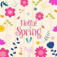 Pink Calligraphy of Hello Spring with Colorful Flowers, Leaves and Butterflies on Strip Background. vector