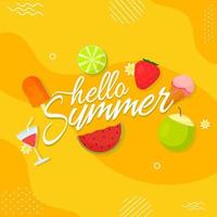 Hello Summer Font with Fruits, Ice Creams, Coconut Drink and Cocktail on Yellow Abstract Background. vector