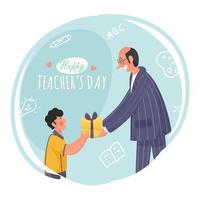 Student Boy Offering Gift to His Class Teacher on The Occasion of Happy Teacher's Day. vector
