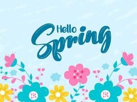 Hello Spring Font with Flowers and Leaves Decorated on Blue Grunge Background. vector