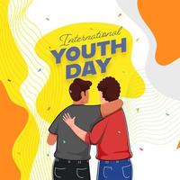 International Youth Day Text with Back View of Young Boys Hugging on Abstract Wavy Strip Background. vector