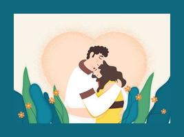 Young Couple Hugging Each Other With Floral On Noise Effect Heart White And Blue Background. vector