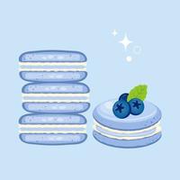 Blue macaroons with blueberries and mint. French pastry macaron. Blueberry, raspberry, mint. vector