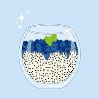 Chia seed pudding in glass with fresh blueberries and jam layer. Healthy superfood breakfast, fruit parfait dessert vector