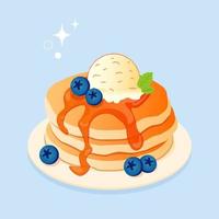 Fresh pancakes with blueberries, icecream and syrup. Pile of delicious pancakes on a plate vector